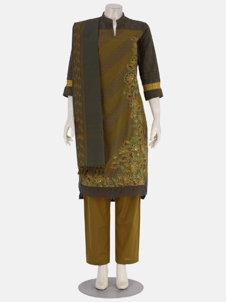 Mustard Yellow Printed and Embroidered Cotton Shalwar Kameez Set