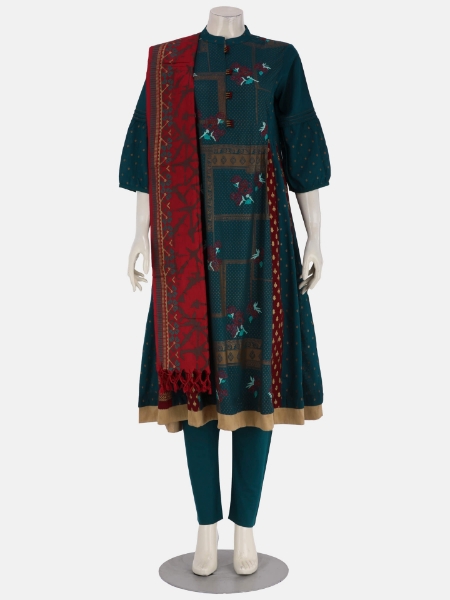 Peacock Blue Printed and Embroidered Viscose Shalwar Kameez Set