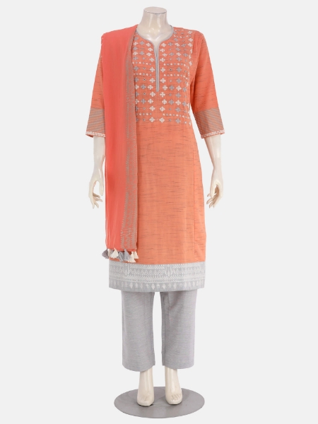 Melon Printed and Embroidered Mixed Viscose Shalwar Kameez Set