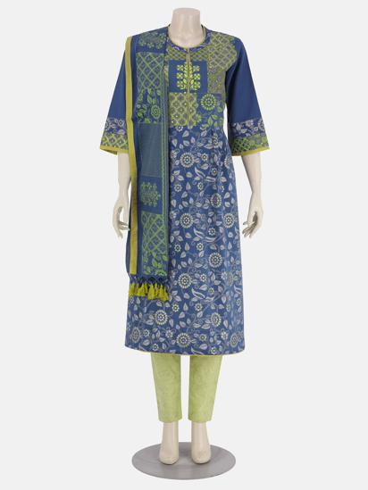 Blue Printed and Embroidered Viscose-Cotton Kameez Set