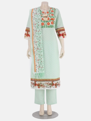 Mint Green Printed and Embroidered Viscose-Cotton Kameez Set