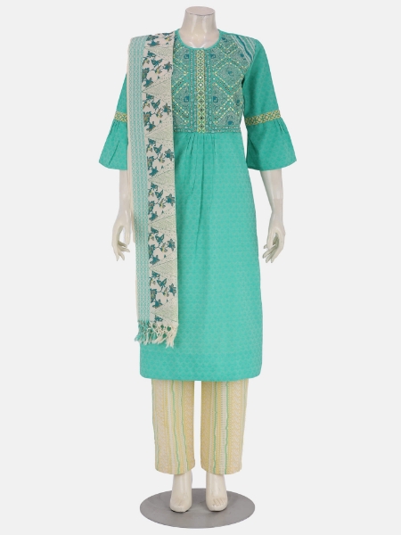 Mint Green Printed and Embroidered Viscose-Cotton Shalwar Kameez Set