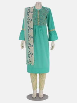 Mint Green Printed and Embroidered Viscose-Cotton Shalwar Kameez Set