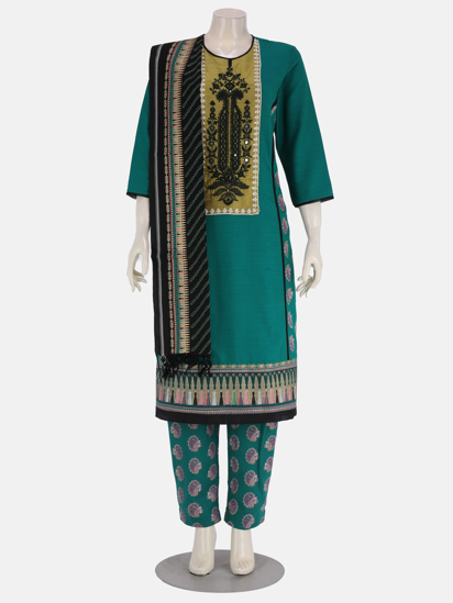 Teal Embroidered Viscose-Jute Shalwar Kameez Set