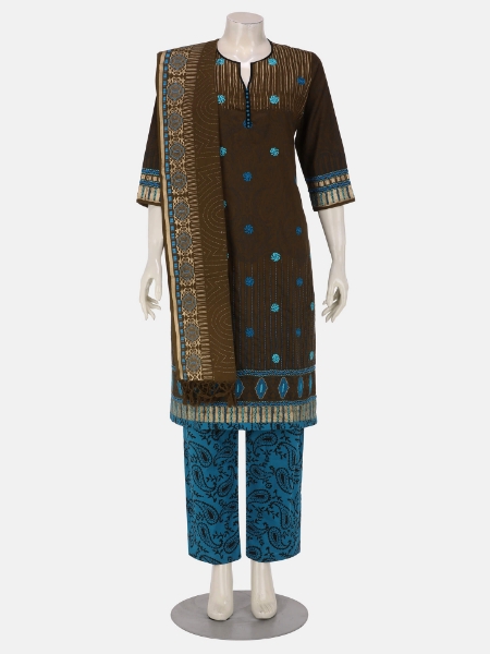 Olive Printed and Embroidered Viscose Shalwar Kameez Set