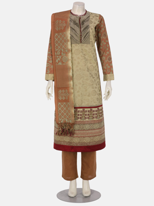 Beige Printed and Embroidered Viscose Shalwar Kameez Set