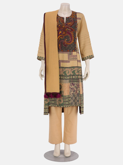 Light Khaki Printed and Embroidered Viscose-Cotton Shalwar Kameez Set