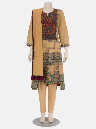 Light Khaki Printed and Embroidered Viscose-Cotton Shalwar Kameez Set
