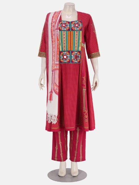 Magenta Printed and Embroidered Check Viscose-Cotton Shalwar Kameez Set