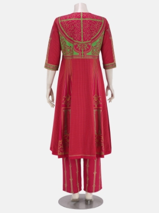 Magenta Printed and Embroidered Check Viscose-Cotton Shalwar Kameez Set