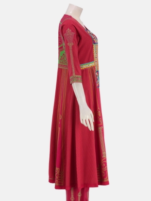 Magenta Printed and Embroidered Check Viscose-Cotton Shalwar Kameez Set