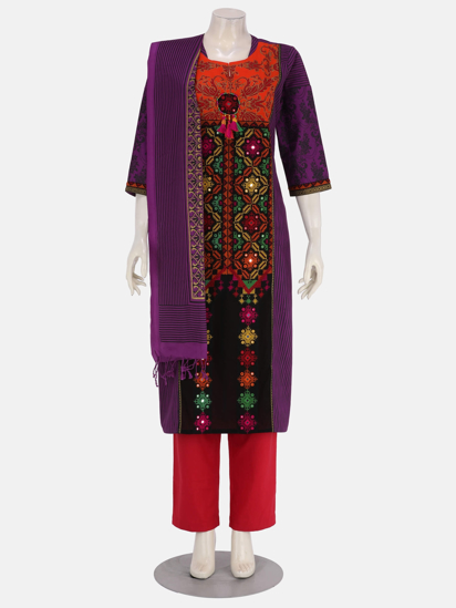Purple Printed and Embroidered Viscose-Cotton Shalwar Kameez Set