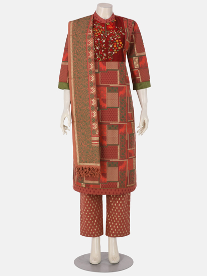 Brick Red Printed and Embroidered Cotton Shalwar Kameez Set
