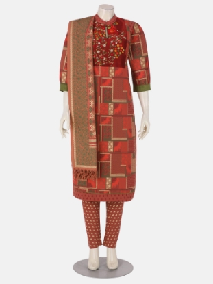 Brick Red Printed and Embroidered Cotton Shalwar Kameez Set