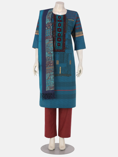 Blue Printed and Embroidered Cotton Shalwar Kameez Set