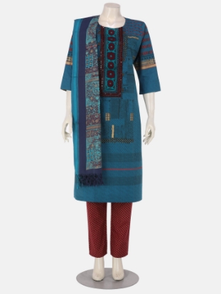 Blue Printed and Embroidered Cotton Shalwar Kameez Set