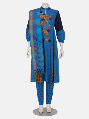 Blue Printed and Embroidered Jacquard Viscose Shalwar Kameez Set