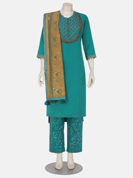 Turquoise Embroidered Mixed Viscose Shalwar Kameez Set