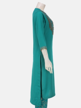 Turquoise Embroidered Mixed Viscose Shalwar Kameez Set