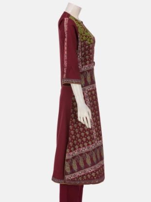 Plum Printed and Embroidered Viscose-Cotton Shalwar Kameez Set