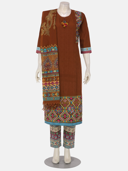 Rust Printed and Embroidered Viscose-Cotton Shalwar Kameez Set
