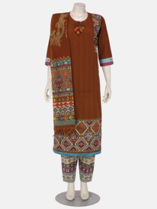 Rust Printed and Embroidered Viscose-Cotton Shalwar Kameez Set