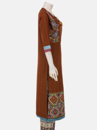 Rust Printed and Embroidered Viscose-Cotton Shalwar Kameez Set