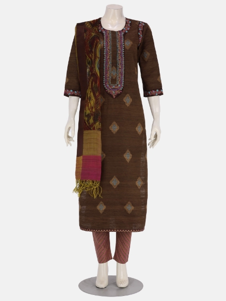 Brown Embroidered Mixed Endi Silk Shalwar Kameez Set