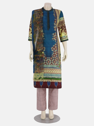 Teal Printed and Erri Embroidered Silk Kameez Set