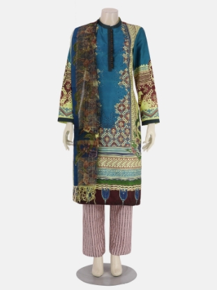 Teal Printed and Erri Embroidered Silk Kameez Set