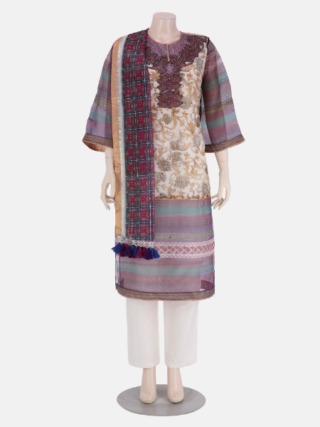 White Printed and Erri Embroidered Muslin Kameez Set