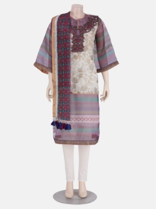 White Printed and Erri Embroidered Muslin Kameez Set