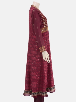 Maroon Printed and Erri Embroidered Silk-Cotton Kameez Set