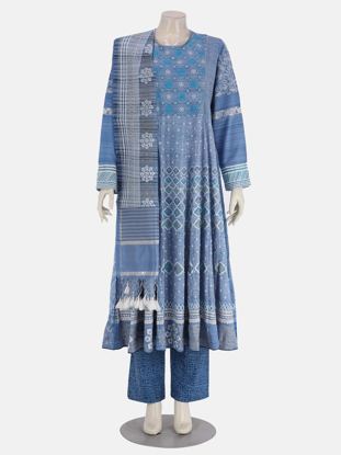 Light Blue Brush Painted and Embroidered Endi Viscose-Cotton Shalwar Kameez Set