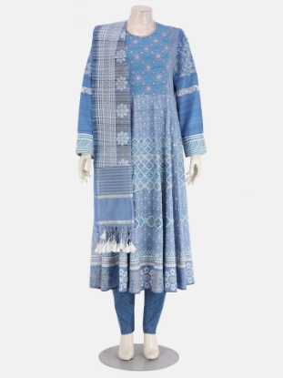 Light Blue Brush Painted and Embroidered Endi Viscose-Cotton Shalwar Kameez Set