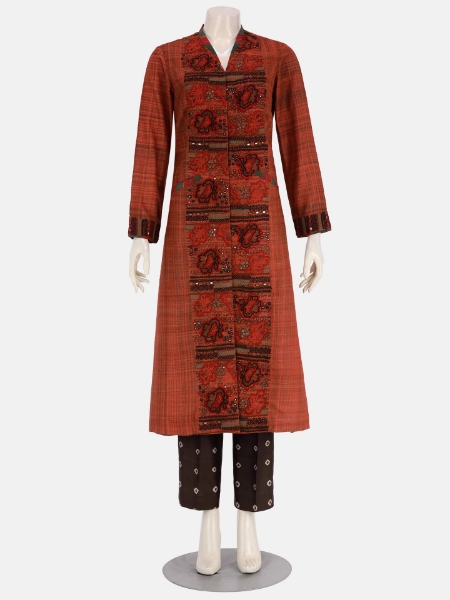 Rust Wax Dyed Brush Painted and Embroidered Tussar Silk HERSTORY Shalwar Kameez