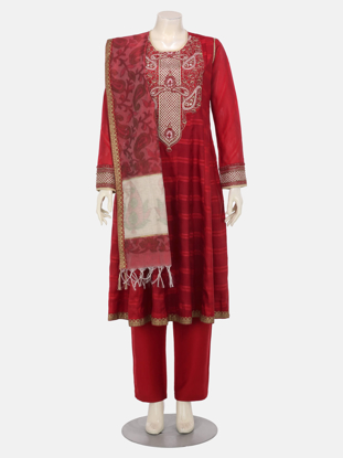 Red Printed and Embroidered Silk-Muslin Shalwar Kameez Set