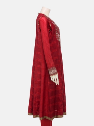 Red Printed and Embroidered Silk-Muslin Shalwar Kameez Set
