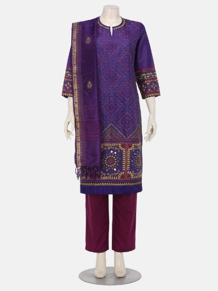 Purple Printed and Embroidered Silk Shalwar Kameez Set