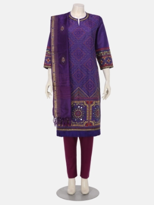 Purple Printed and Embroidered Silk Shalwar Kameez Set