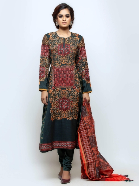 Dark Bottle Green Tie-Dyed and Embrodiered Mixed Endi Silk Shalwar Kameez Set