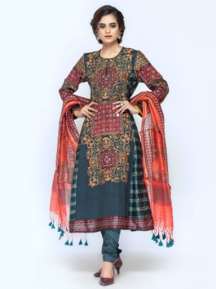 Dark Bottle Green Tie-Dyed and Embrodiered Mixed Endi Silk Shalwar Kameez Set