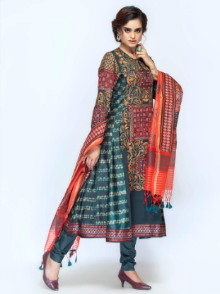 Dark Bottle Green Tie-Dyed and Embrodiered Mixed Endi Silk Shalwar Kameez Set