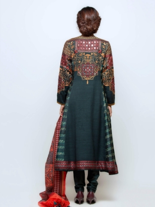 Dark Bottle Green Tie-Dyed and Embrodiered Mixed Endi Silk Shalwar Kameez Set