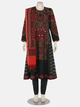 Dark Bottle Green Tie-Dyed and Embrodiered Mixed Endi Silk Shalwar Kameez Set