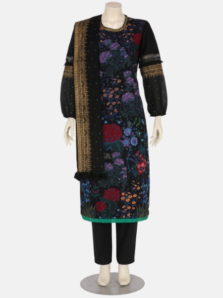 Black Printed and Embroidered Viscose-Cotton Shalwar Kameez Set