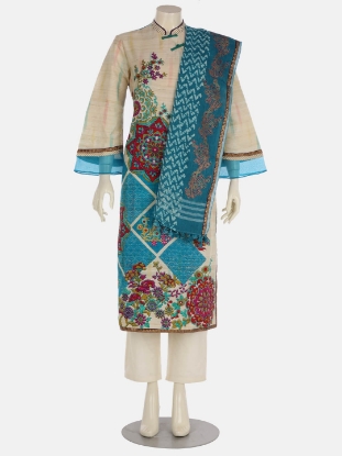 Beige Printed Endi Silk Shalwar Kameez Set