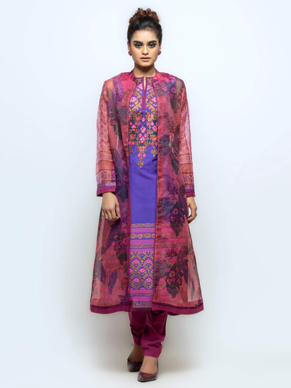 Mauve Printed and Embroidered Joysree Silk Shalwar Kameez Set with Coaty