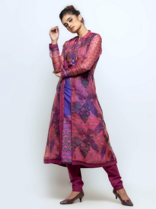 Mauve Printed and Embroidered Joysree Silk Shalwar Kameez Set with Coaty