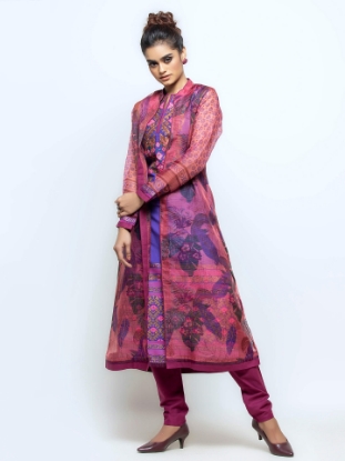 Mauve Printed and Embroidered Joysree Silk Shalwar Kameez Set with Coaty